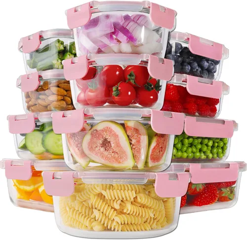 HOMBERKING 24 recipientes de vidrio para almacenamiento de alimentos con tapas, cajas Bento de vidrio herméticas, sin BPA y a prueba de fugas, Rosa