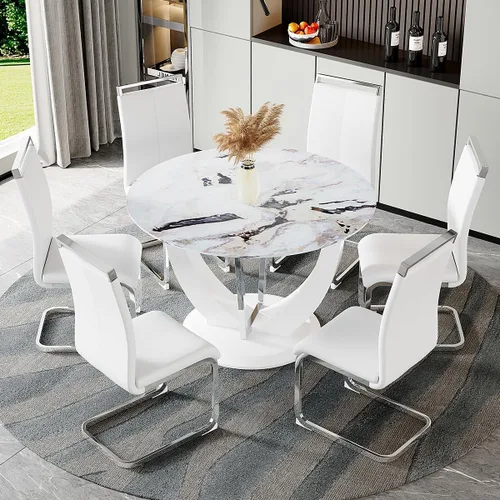 Miniatura 24 de Juego de mesa de comedor redonda para 4, mesa moderna de 48" con tapa de mármol sintético falso y pedestal brillante negro, juego de mesa de cocina