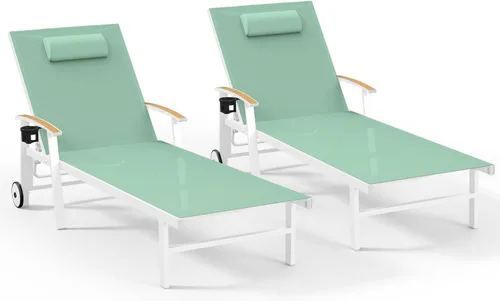 Miniatura 29 de Ciokea Sillón para exteriores con almohada, tumbona de aluminio de 5 posiciones con ruedas y reposabrazos, silla de piscina resistente de 400 libras