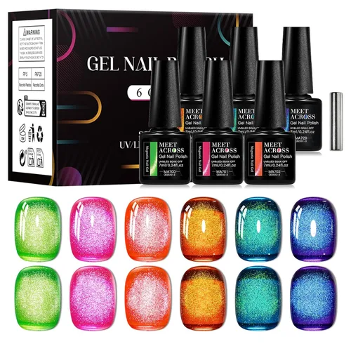 Miniatura 18 de MEET ACROSS Juego de esmaltes de uñas de gel luminosos de caramelo de 6 colores, esmalte de uñas de gel que brilla en la oscuridad con cepillo