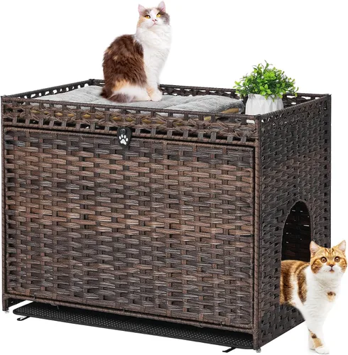 Miniatura 13 de Caja de arena para gatos con alfombrilla de arena suave; muebles ocultos de baño para gatos con puerta; casa de gato de ratán tejida a mano; jaula