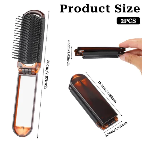 Miniatura 3 de Cepillo de pelo plegable compacto con espejo, paquete de 2 peines de viaje portátiles y mini cepillo de pelo para mujeres, gimnasio, viajes, bolso