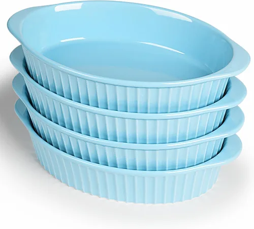 LEETOYI Juego de 4 moldes ovalados de porcelana para gratinar, para 1 o 2 personas, utensilios para hornear con doble asa para cocina y hogar, color