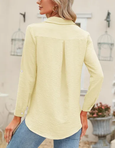 Miniatura 32 de Odosalii - Camisas con botones para mujer, con cuello en V, manga larga, enrolladas, blusas elegantes y formales para negocios y ocasiones casuales
