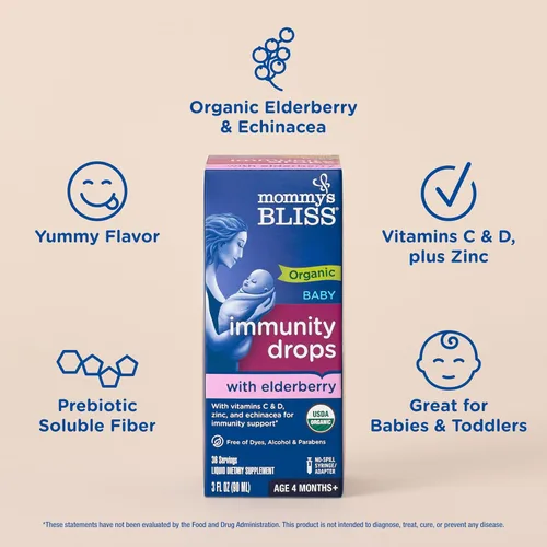 Miniatura 3 de Mommy's Bliss Gotas de saúco orgánico para bebé, apoyo inmunológico con vitaminas, prebióticos, zinc y equinácea orgánica, para niños mayores de 4