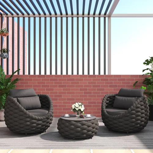 Miniatura 37 de TWT 3-Piece Woven Rope Patio Furniture Set, 2 Outdoor Armchairs with Soft Cushions + Round Aluminum Coffee Table, All-Weather Conversation Set for