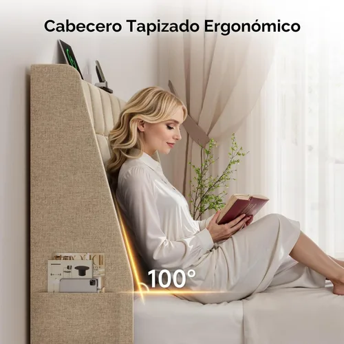 Miniatura 3 de Cabecero tapizado ergonómico tamaño Queen con estación de carga, cabeceros acolchados tipo ala con bolsillo de almacenamiento, solo cabecero Queen