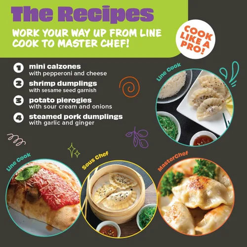 Miniatura 4 de MasterChef Junior Juego para Hacer Dumplings para Niños - Kit de 5 Piezas - Utensilios de Cocina Reales Incluye Recetas, Canasta de Vapor, Molde