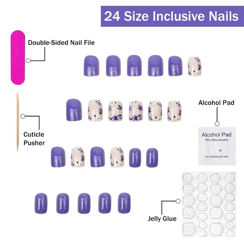 Miniatura 2 de Uñas postizas a presión moradas, cortas, cuadradas, SWEKKE bonitas, uñas postizas con diseños florales morados y blancos, cobertura completa