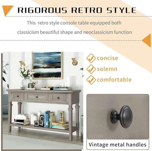 Miniatura 4 de RuiSiSi Mesa consola de granja con 3 cajones y estante inferior, mesa de sofá de madera maciza para sala de estar, comedor, entrada, gris lavado