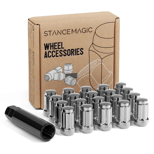 StanceMagic 20 tuercas estriadas cromadas plateadas de 12 x 1.25 pulgadas para afinador, extremo cerrado, asiento de cono, 1.4 pulgadas de largo,