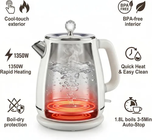 Miniatura 3 de Hervidor eléctrico – Tetera inalámbrica de 1.8 L, interior de acero inoxidable, ebullición rápida, aislamiento de doble pared, apagado automático