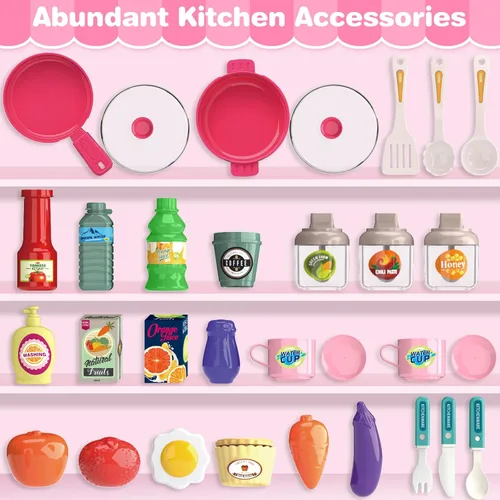 Miniatura 2 de Juego de cocina, juego de cocina para niños con sonido y luz realistas, estufa de cocina, fregadero, comida de juego y accesorios, 57 piezas, Rosa