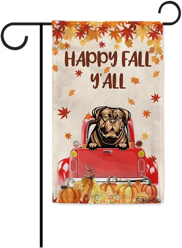 Miniatura 17 de Bandera con texto en inglés «Happy Fall Y'all» con diseño de perro inteligente con calabaza en camión rojo y hojas de arce, pancarta de otoño