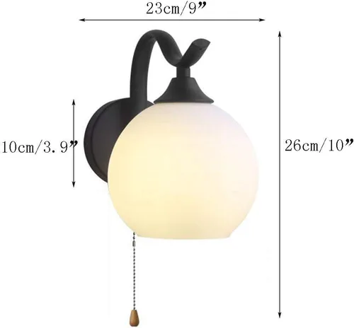 Miniatura 2 de Lámpara de pared con cadena de tracción E27, estilo retro, para dormitorio, mesita de noche, apliques de pared de metal y vidrio esmerilado blanco