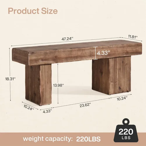 Miniatura 2 de Banco de madera maciza gruesa, banco de entrada rústico de 47 pulgadas con patas artísticas, banco de comedor resistente para cocina, sala de estar