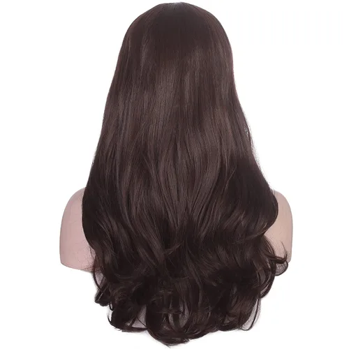 Miniatura 4 de morvally Peluca larga ondulada con flequillo para mujer, cabello sintético moreno, resistente al calor, aspecto natural para uso diario