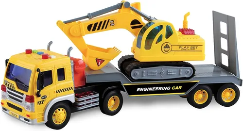 Maxx Action Transporte de vehículos de 17 pulgadas con excavadora - Luces brillantes y sonidos de construcción | Remolque alimentado por fricción |
