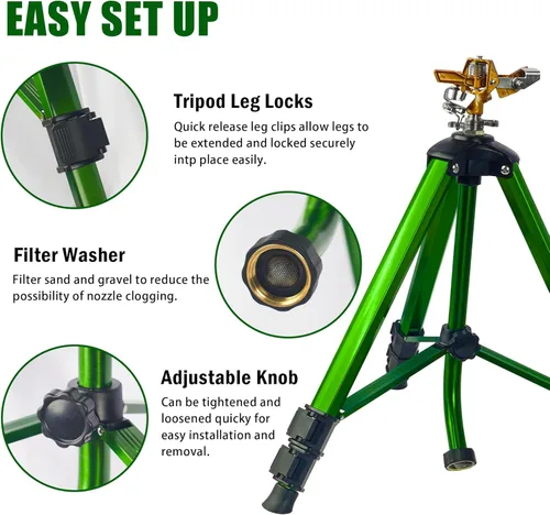 Miniatura 4 de LIULO TOOL Aspersor de impacto en base de trípode, paquete de 2 aspersores de trípode con cabeza de latón, riego de área grande de 360 grados