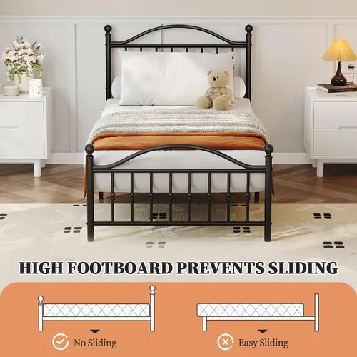 Miniatura 5 de IDEALHOUSE Base de cama de tamaño individual, base de cama clásica de metal con cabecero/estribo vintage victoriano, base de colchón sin ruido
