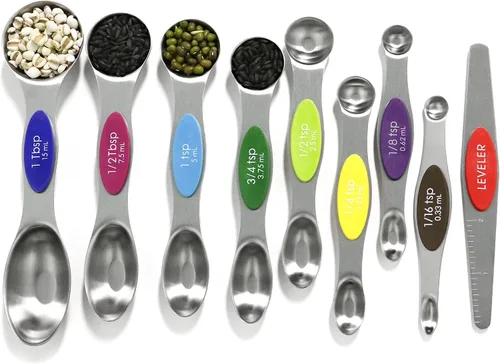 Miniatura 7 de Juego de cucharas medidoras magnéticas de acero inoxidable con nivelador de 9 piezas, tazas medidoras apilables para hornear - Juego de tazas