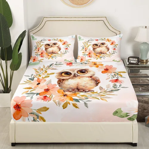 Miniatura 3 de Manfei Sábana bajera ajustable de búho de dibujos animados, tamaño individual, juego de ropa de cama de flores en acuarela de 2 piezas para Multi 09
