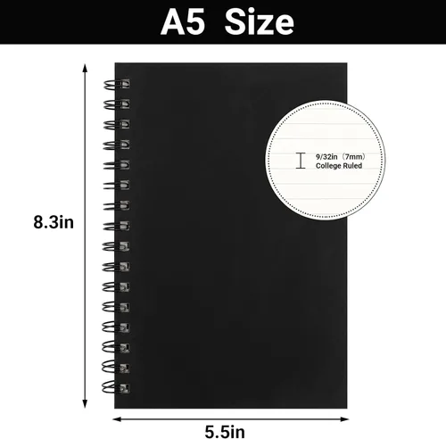 Miniatura 2 de EUSOAR - Cuaderno de espiral rayado universitario, paquete de 3 en negro A5 de 5.5" x 8.3", papel desprendible, tapa dura gruesa, 160 páginas / 80