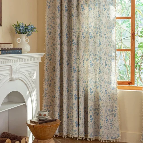 Miniatura 23 de ENJOYBRIDAL - Cortinas azules florales de 63 pulgadas, juego de 2 paneles, cortinas semi transparentes, cortinas cortas para sala de estar, bolsillo
