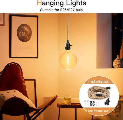 Miniatura 3 de Kit de luces colgantes de 16.5 pies, luces colgantes con cable de enchufe e interruptor, lámpara colgante de cuerda de cáñamo E26, cable de linterna