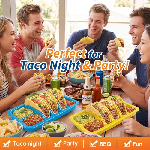 Miniatura 5 de Uiifan 4 platos mexicanos de plástico para fiestas de cumpleaños con divisor de pie para 3 tacos y 2 áreas de inmersión, bandejas para Cinco