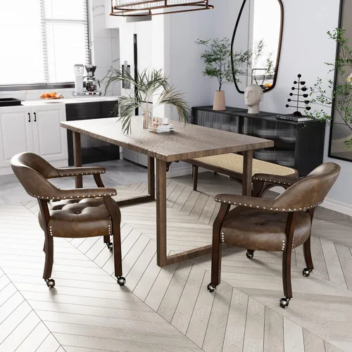 Miniatura 5 de Juego de 8 sillas de cuero de comedor con ruedas y brazos, silla de capitán Accent con ruedas, sillas de madera con ruedas enrollables para cocina