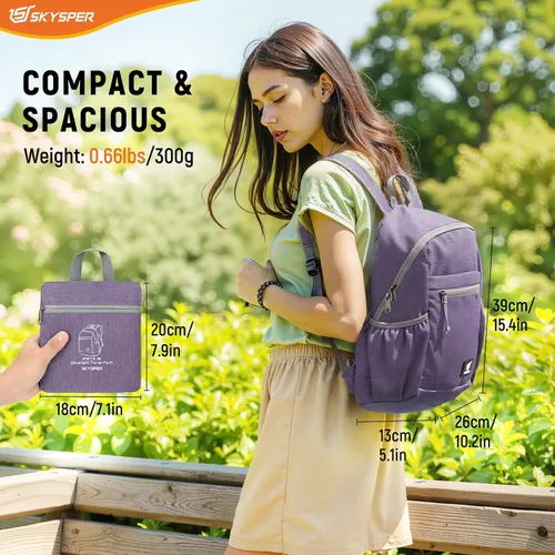 Miniatura 6 de SKYSPER Mochila de senderismo antirrobo, mochila de viaje plegable RFID de 18L, mochila plegable ligera para caminar de un día Púrpura