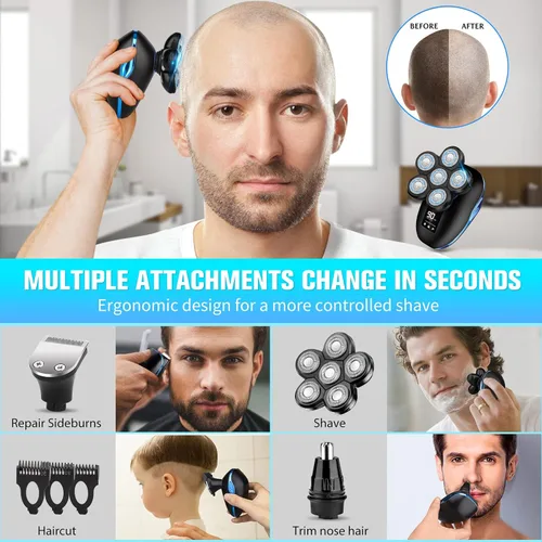 Miniatura 2 de Afeitadora de cabeza para hombres, afeitadora eléctrica 6 en 1 mejorada para hombre, afeitadora de cabeza calva, afeitadora inalámbrica