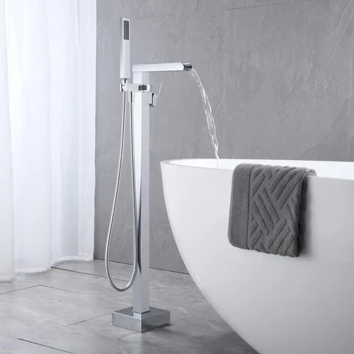 Miniatura 3 de Wowkk Llenador de bañera independiente, grifo de bañera cascada, cromo, montaje en piso, latón, manija única, grifos de baño con ducha de mano