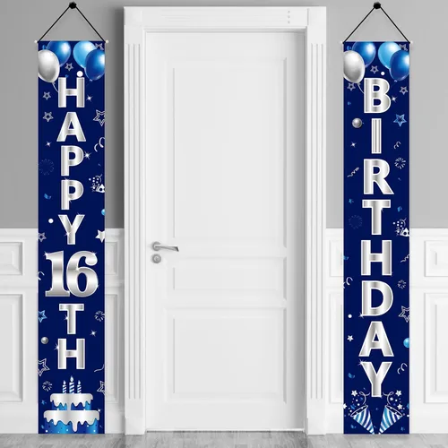 Miniatura 10 de Turypaty Cartel azul plateado para puerta de cumpleaños número 13, pancarta de feliz cumpleaños 13 para niños, suministros de fiesta de cumpleaños