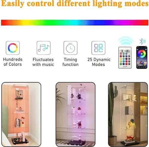 Miniatura 4 de Vitrina de cristal con 4 estantes con tira de luces LED y cerradura, vitrina de vitrina con ruedas y 1 puerta, vitrina de vidrio templado para sala