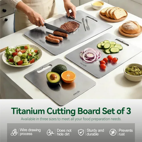 Miniatura 2 de Juego de tabla de cortar de titanio de 3, tablas de cortar 100% puras de titanio para cocina, nueva tabla de cortar de doble cara de grado