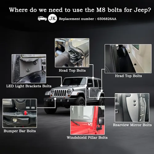 Miniatura 2 de Tornillos para Jeep Wrangler JK, pernos M8 aplicados al marco del parabrisas, barra antivuelco, portón trasero, bisagras duras de puerta, soportes