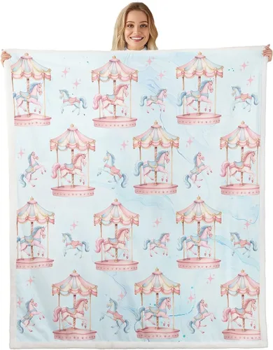 Miniatura 8 de Manta de franela de unicornio para todas las estaciones, manta romántica de carrusel de parque de atracciones, estilo princesa, diseño de cuento