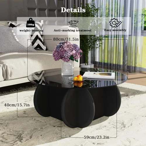 Miniatura 2 de Mesa de Centro con Tapa de Vidrio Negro, Mesa de Centro Redonda Moderna y Elegante con Patas de Madera Maciza y Superficie de Vidrio Templado