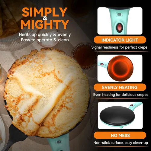 Miniatura 3 de Baker's Friend Crepera Electrica - Máquina para hacer crepas instantánea con asa, superficie de cocción antiadherente de 8 pulgadas, color aguamarina