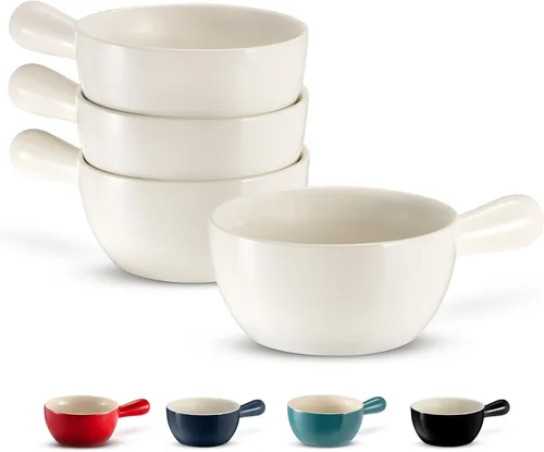 Miniatura 10 de Kook Cuencos de sopa de cebolla francesa, cuencos de cerámica apilables con asas, aptos para horno, microondas y lavavajillas, para cereales, sopas