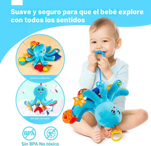Miniatura 6 de hahaland Juguetes para bebés de 0 a 6 meses – Juguetes para asiento de automóvil, juguete de pulpo con cuerdas de tracción, chirriante, sonajero