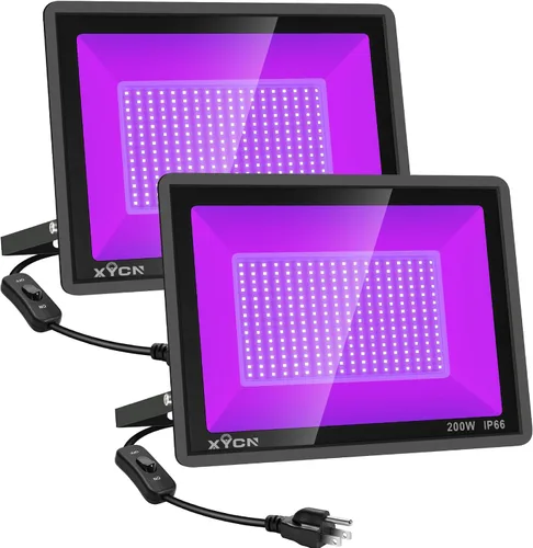 XYCN Paquete de 2 luces LED negras de 200 W para exteriores, luz de inundación con enchufe, de 395 nm a 410 nm IP66 impermeable para fiesta de