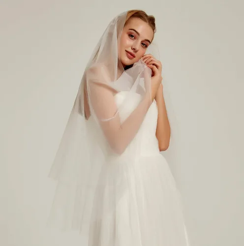 Miniatura 4 de Velo de novia de tul de doble capa, 2 niveles, transparente, con peine
