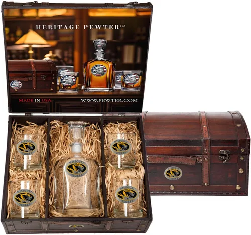 Miniatura 35 de Heritage Pewter Alabama Capitol - Juego de baúl Recipiente de líquido de 24 onzas con 4 vasos de agua Vidrio de peltre elaborado por expertos