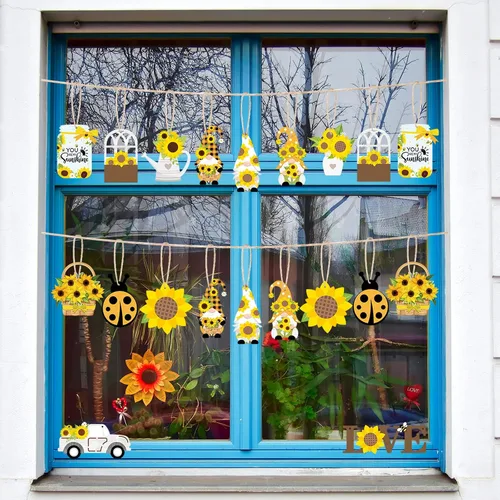Miniatura 2 de Paquete de 48 adornos de gnomo de girasol para árbol de verano, colgante de madera con flores amarillas, decoraciones de fiesta de verano, recuerdos