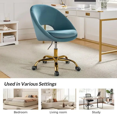 Miniatura 7 de TINA'S HOME Silla de oficina moderna de terciopelo con giro ajustable, cómoda silla de escritorio tapizada con respaldo abierto, pequeña y bonita