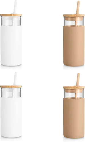 Miniatura 9 de Tronco - Vaso de vidrio de 20 onzas, botella de agua con pajilla, funda protectora de silicona y tapa de bambú, sin bisfenol A, ámbar, 8