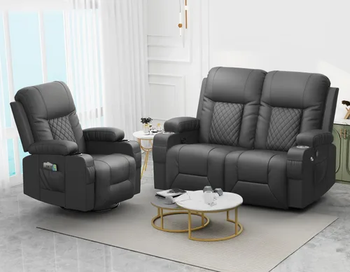 Miniatura 16 de FURNIMAT Sofá reclinable biplaza, sofá reclinable doble de 3 plazas con consola abatible, moderno sofá biplaza de cuero PU para sala de estar/casa